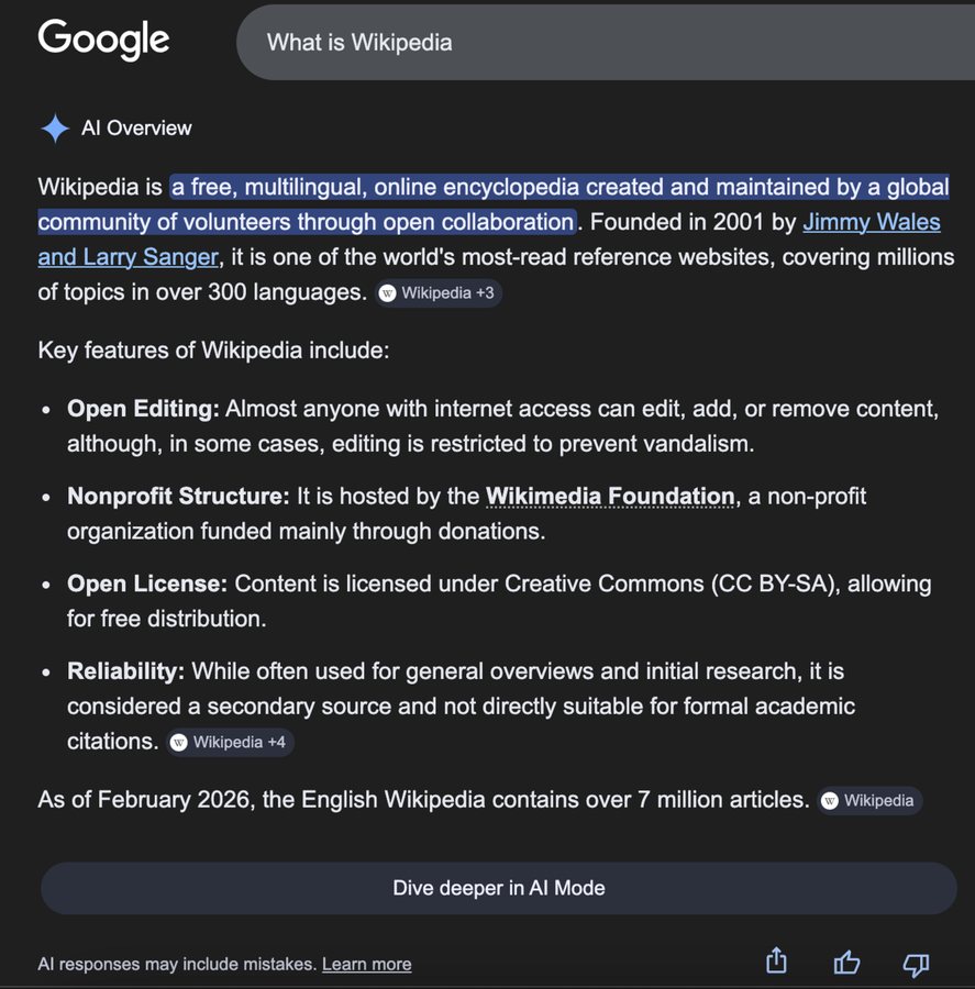 Resultado do AI Overviews para "O que é a Wikipédia", gerado em 2 de março de 2026