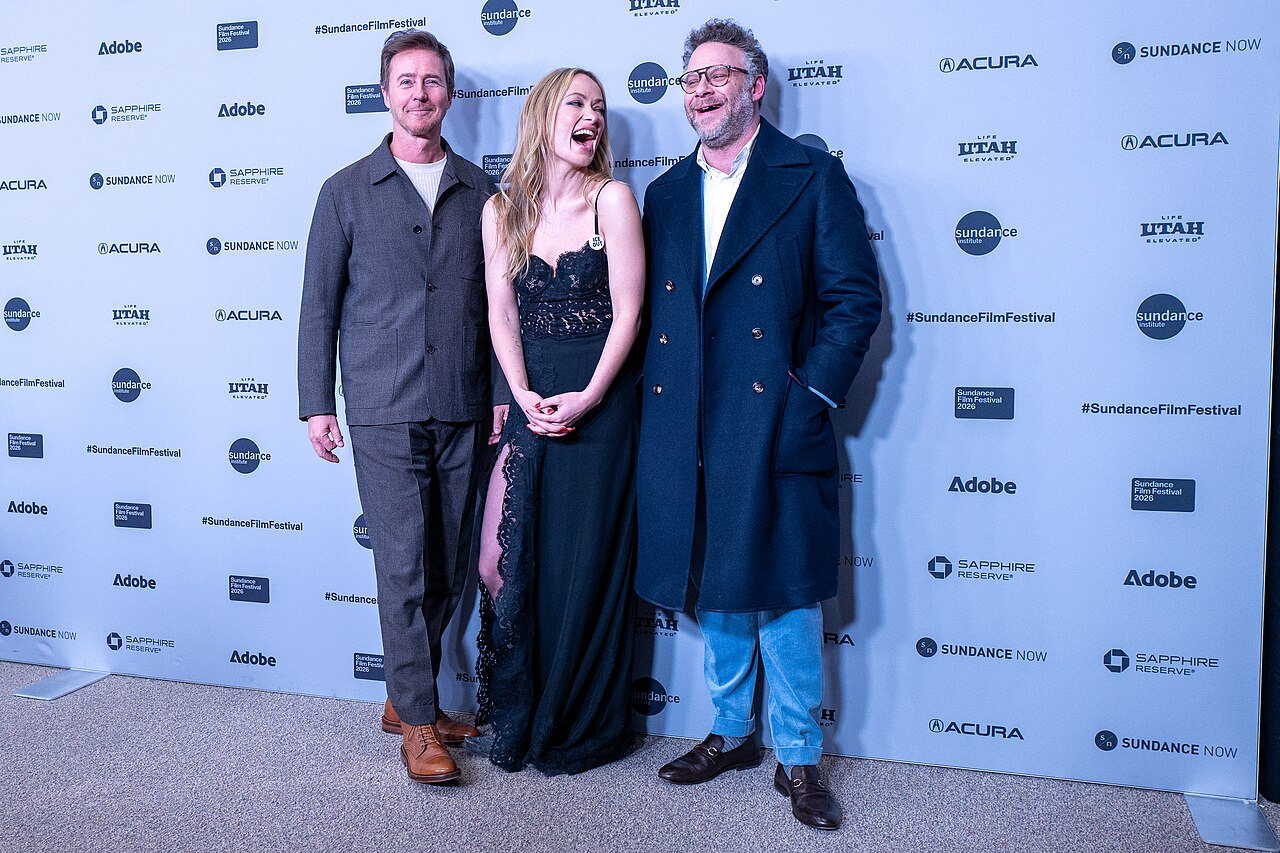 From left: Norton, Wilde and Rogen at the premiere of The Invite at the 2026 Sundance Film Festival