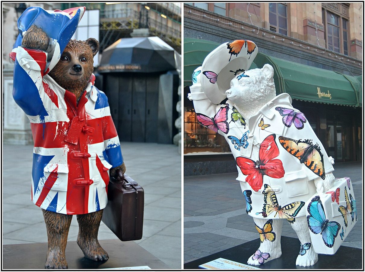 Motyl „Flutterby Bear” Watson (po prawej), jeden z pięćdziesięciu misiów Paddingtona na szlaku Paddington Trail w Londynie, zlicytowany na rzecz NSPCC