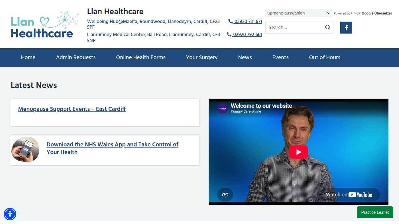 The home page of llanhealthcare.co.uk