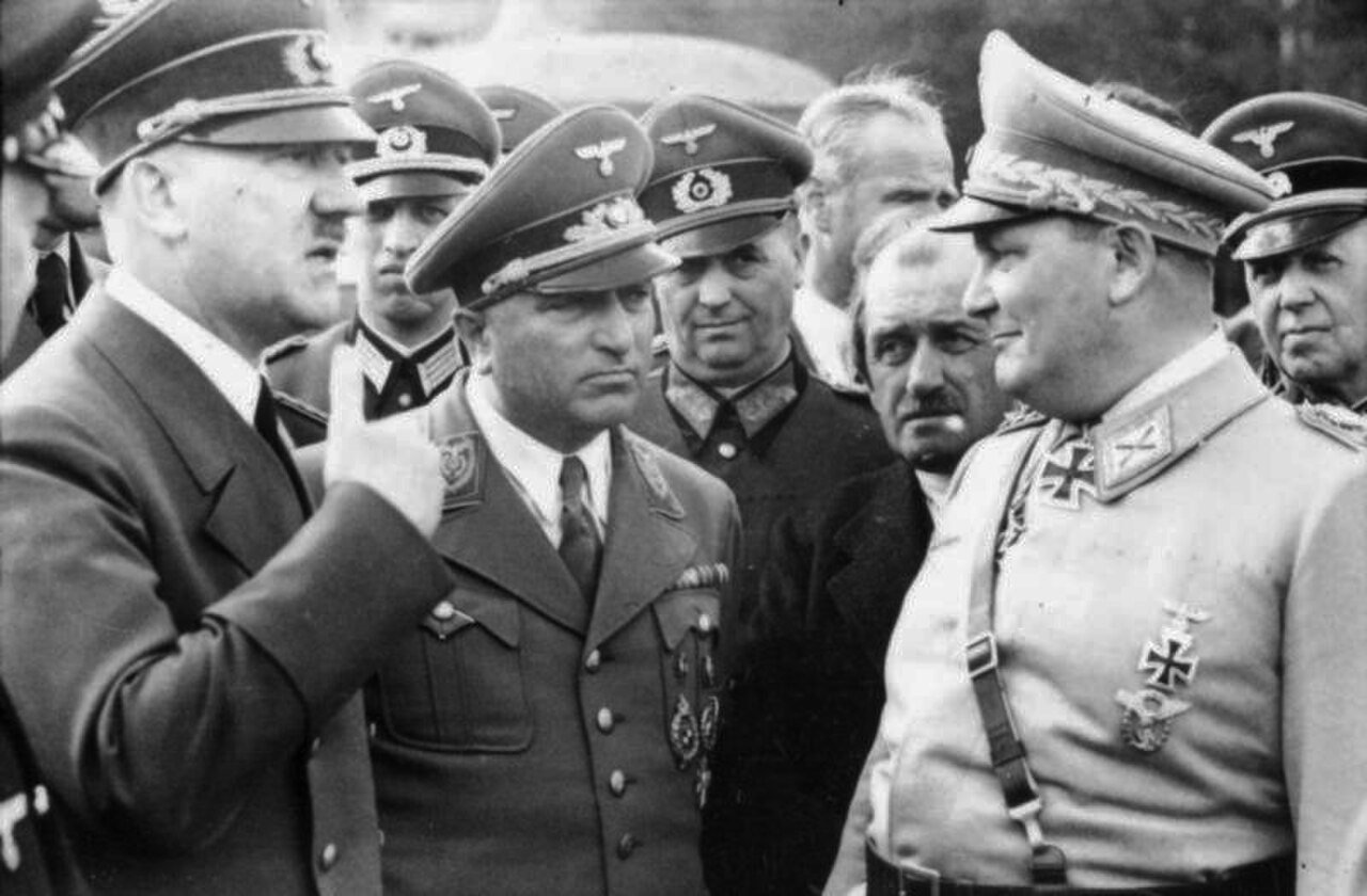 Hitler, Robert Ley, automotive engineer Ferdinand Porsche and Göring at the Wolf's Lair in 1942