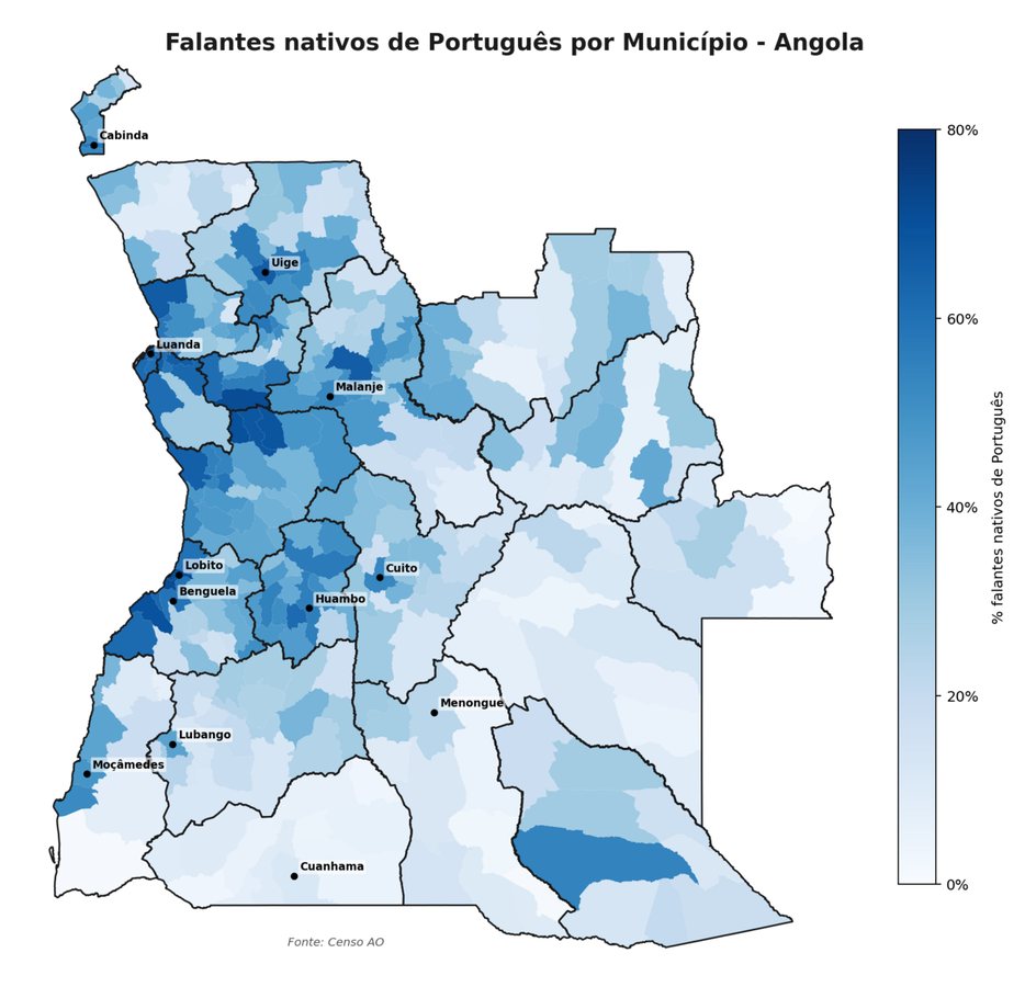 Map of Angola in 2024 showing the percentage of native Portuguese speakers in each municipality