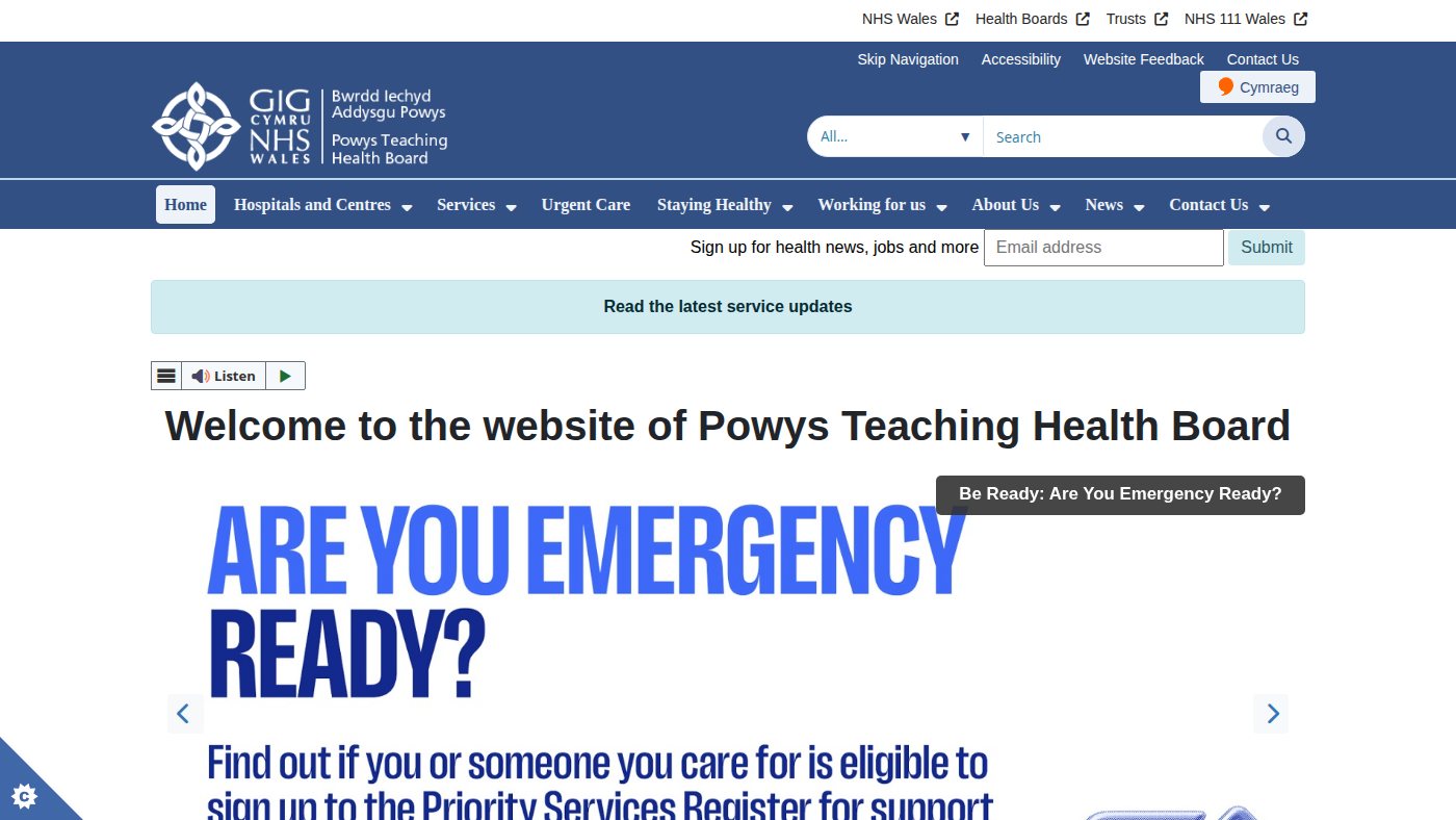 The home page of pthb.nhs.wales