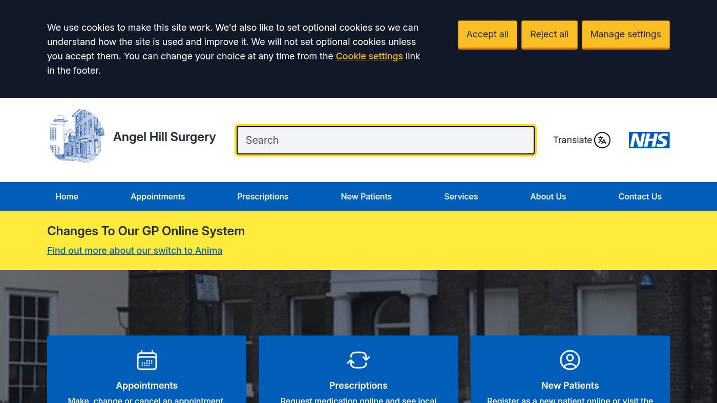 The home page of angelhillsurgery.co.uk