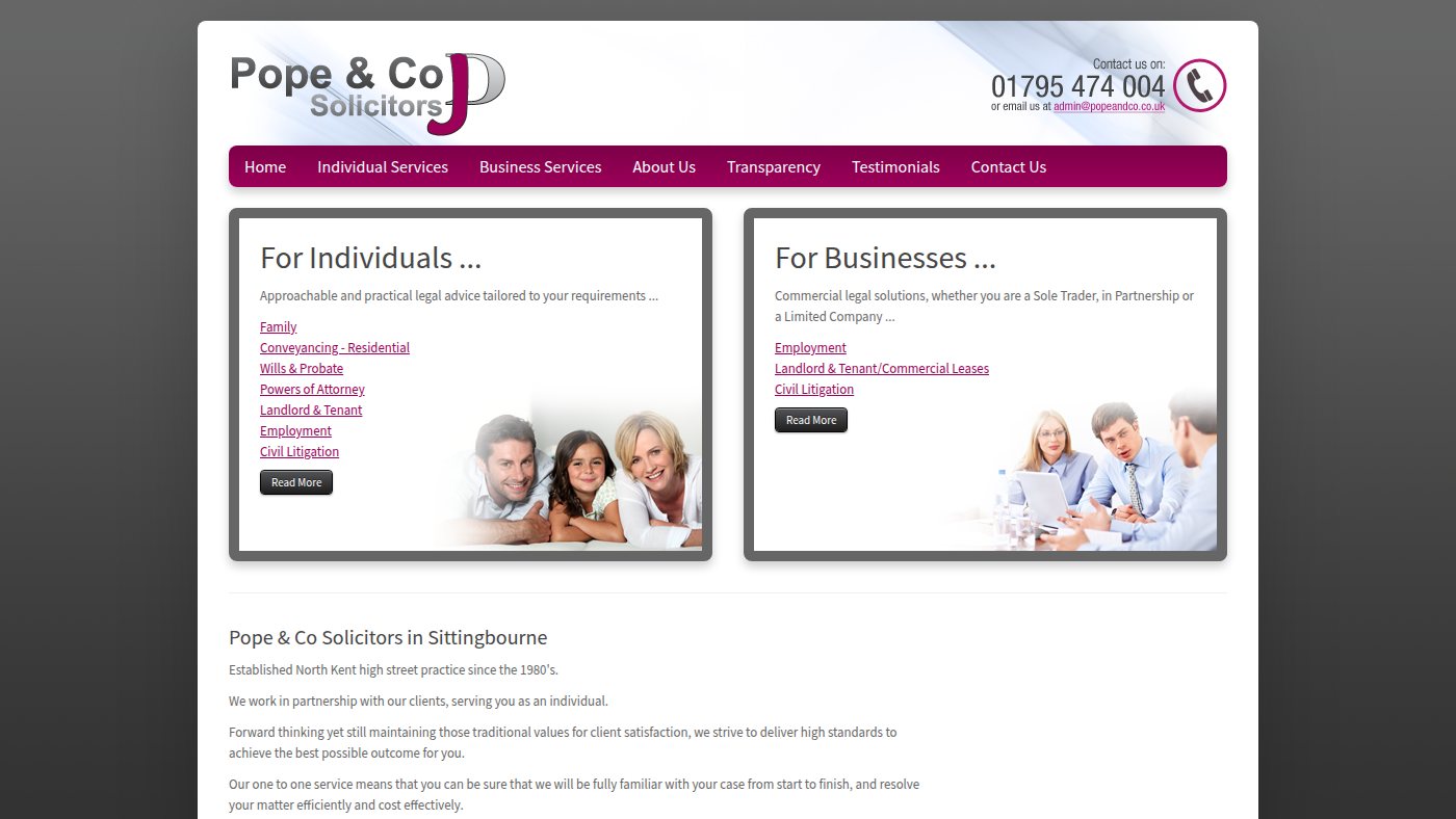 The home page of popeandco.co.uk