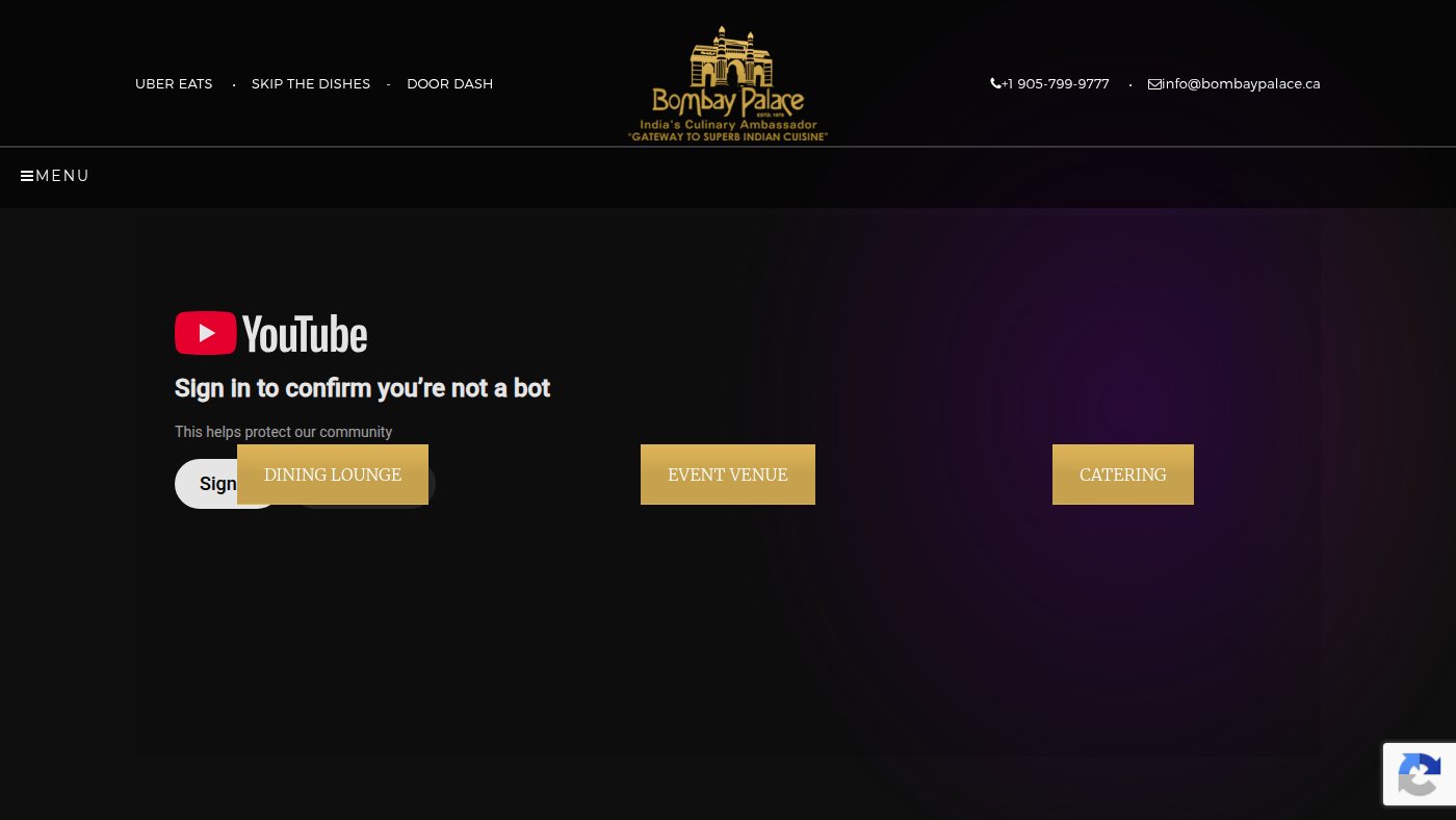 The home page of bombaypalace.ca