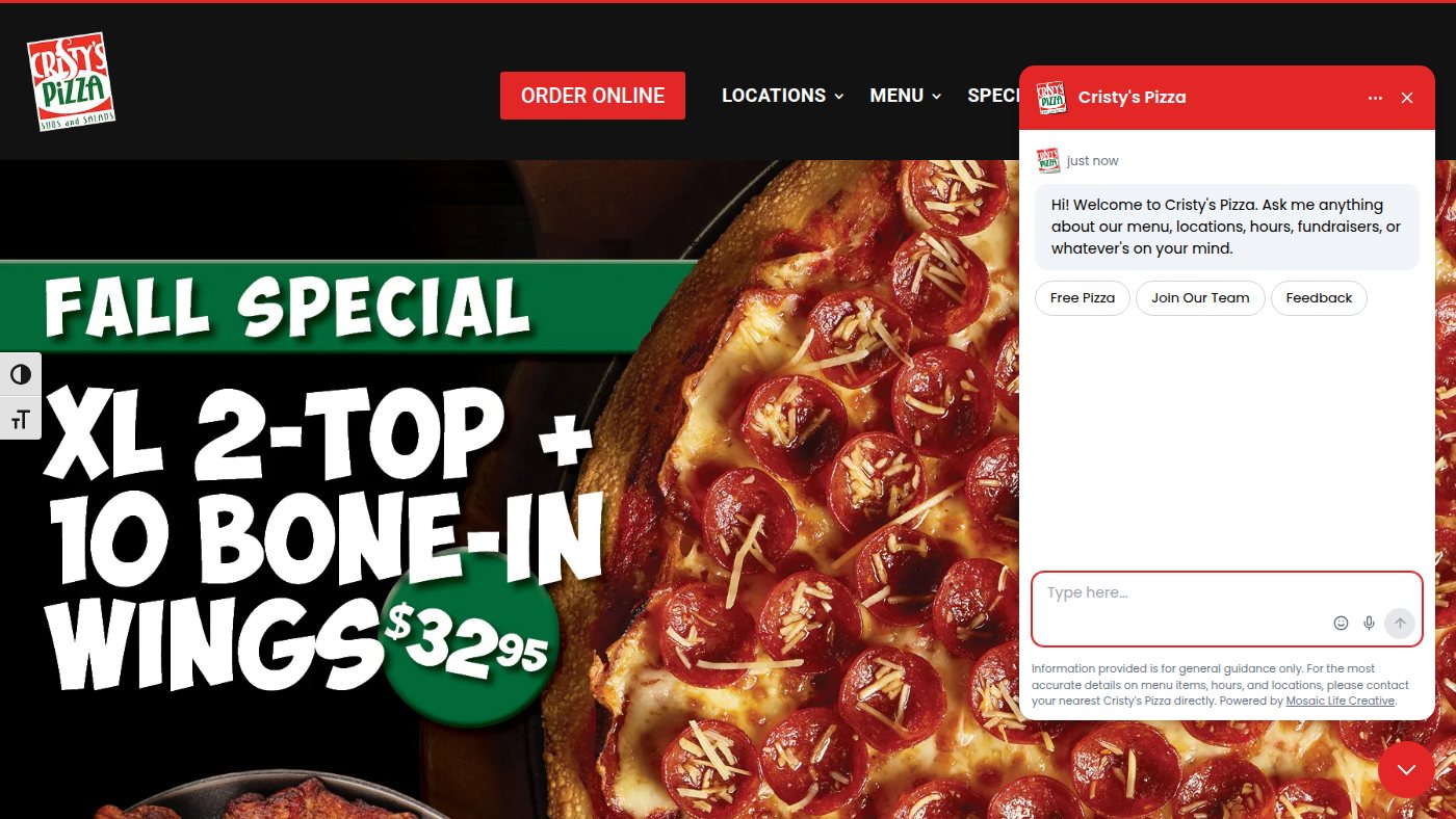 The home page of cristyspizza.com