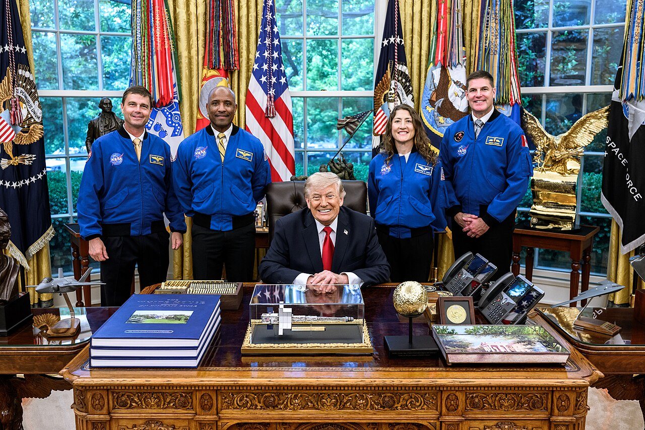 President Donald Trump and the crew of Artemis II in the Oval Office on April 29, 2026
