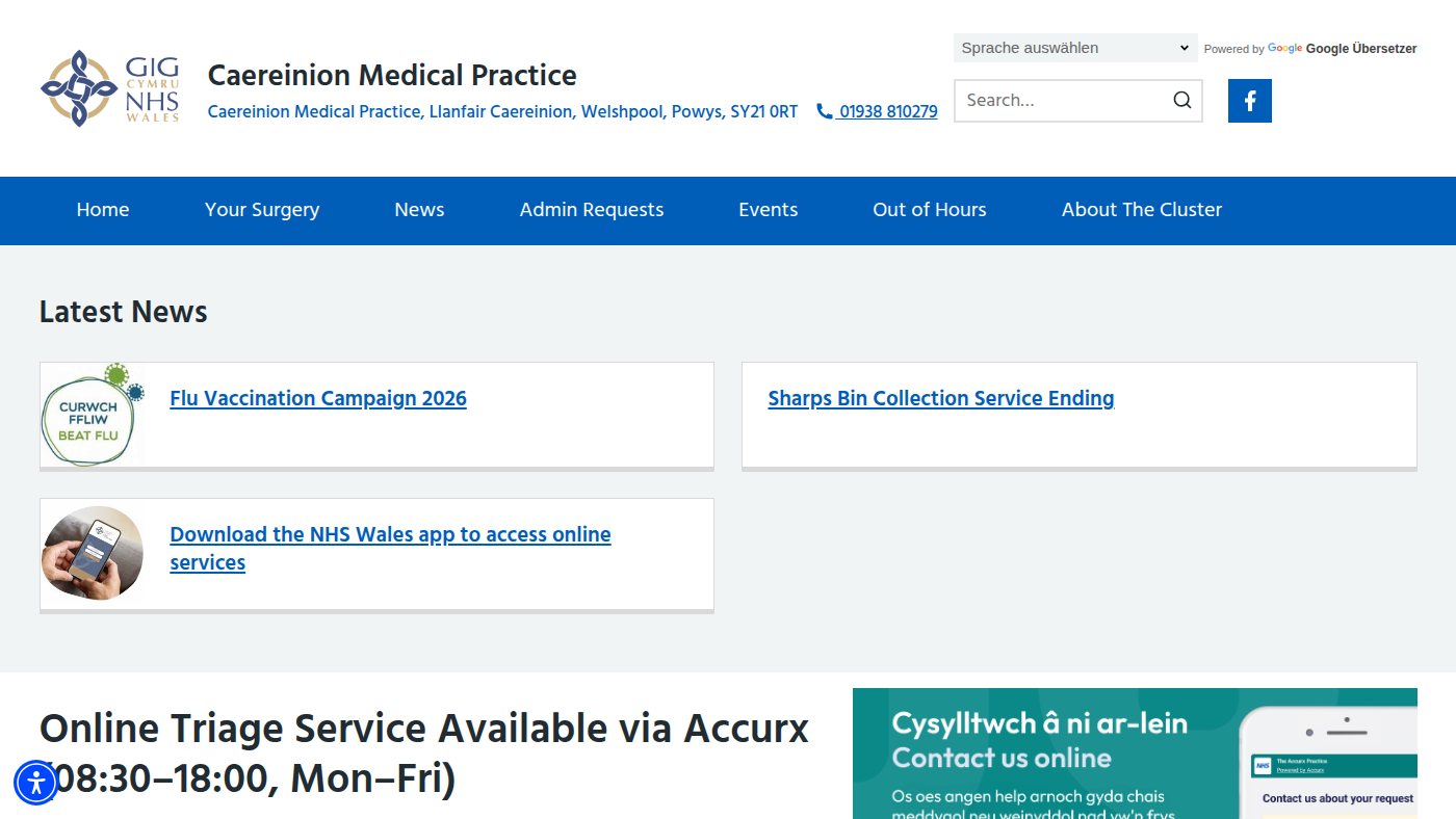 The home page of caereinionmedicalpractice.co.uk