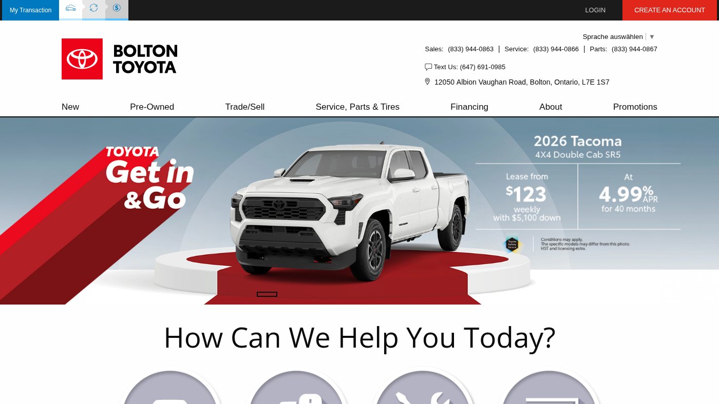 The home page of boltontoyota.ca