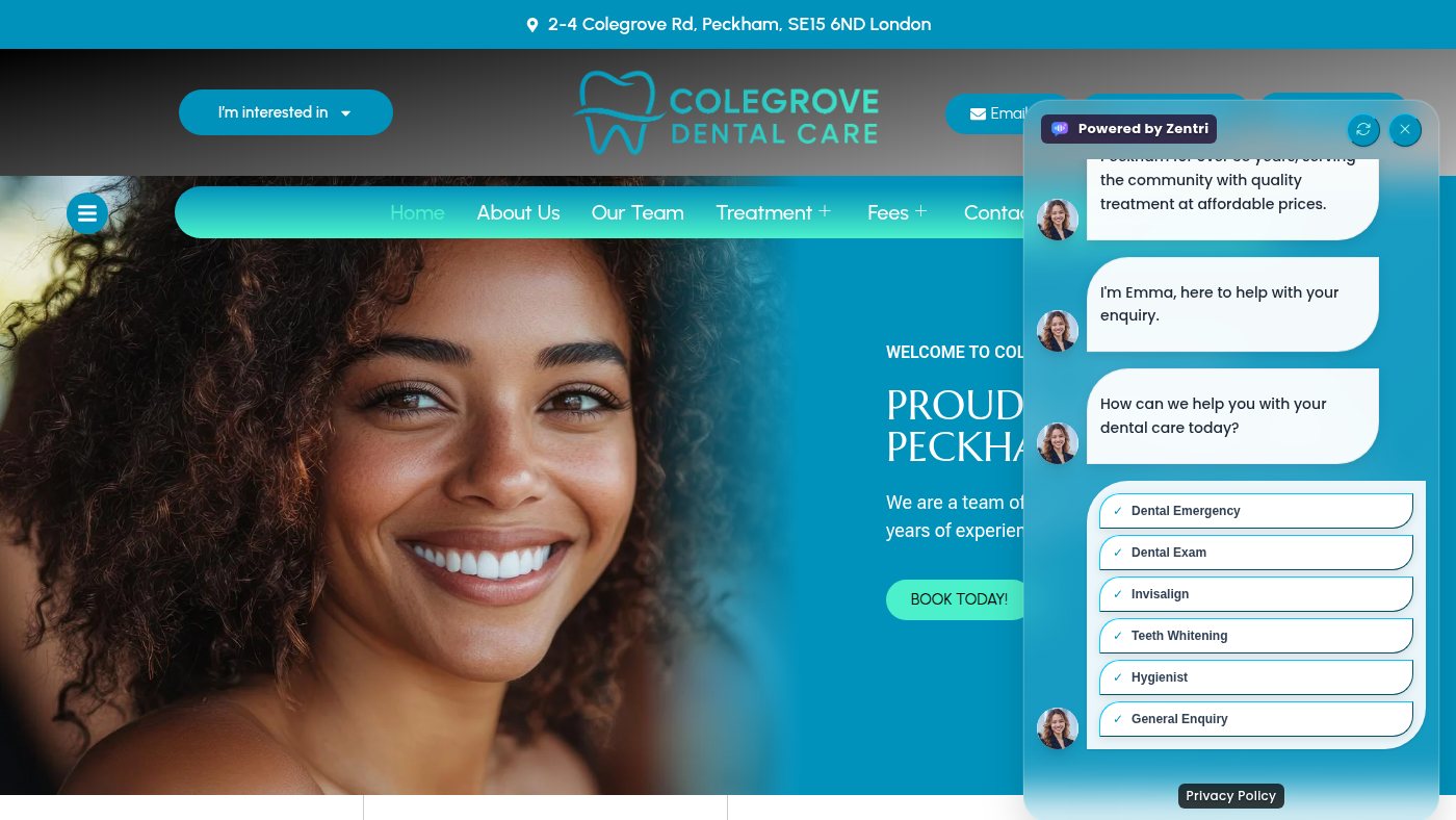 The home page of colegrovedental.co.uk