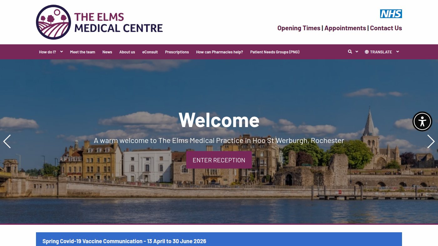 The home page of elmsmedicalkent.nhs.uk