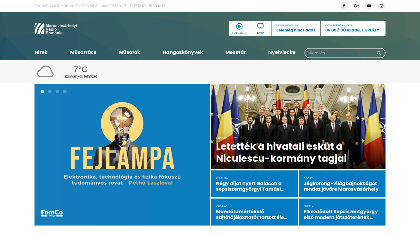 The home page of marosvasarhelyiradio.ro