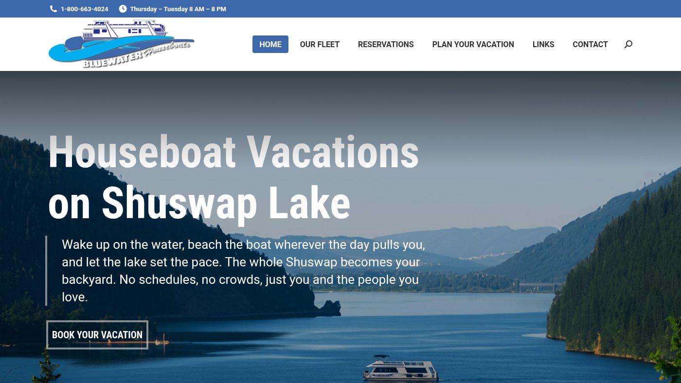The home page of bluewaterhouseboats.ca