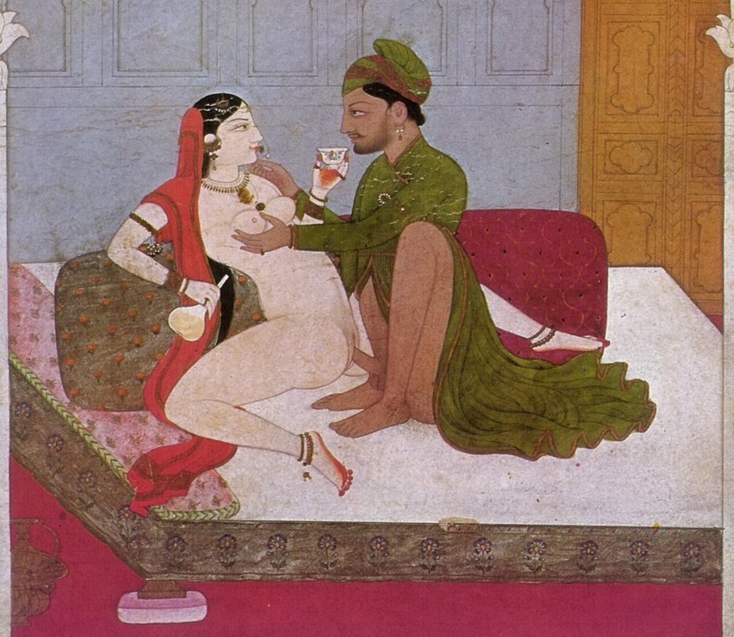 Painting of a couple, an Indian prince and lady, prolonging sexual intercourse