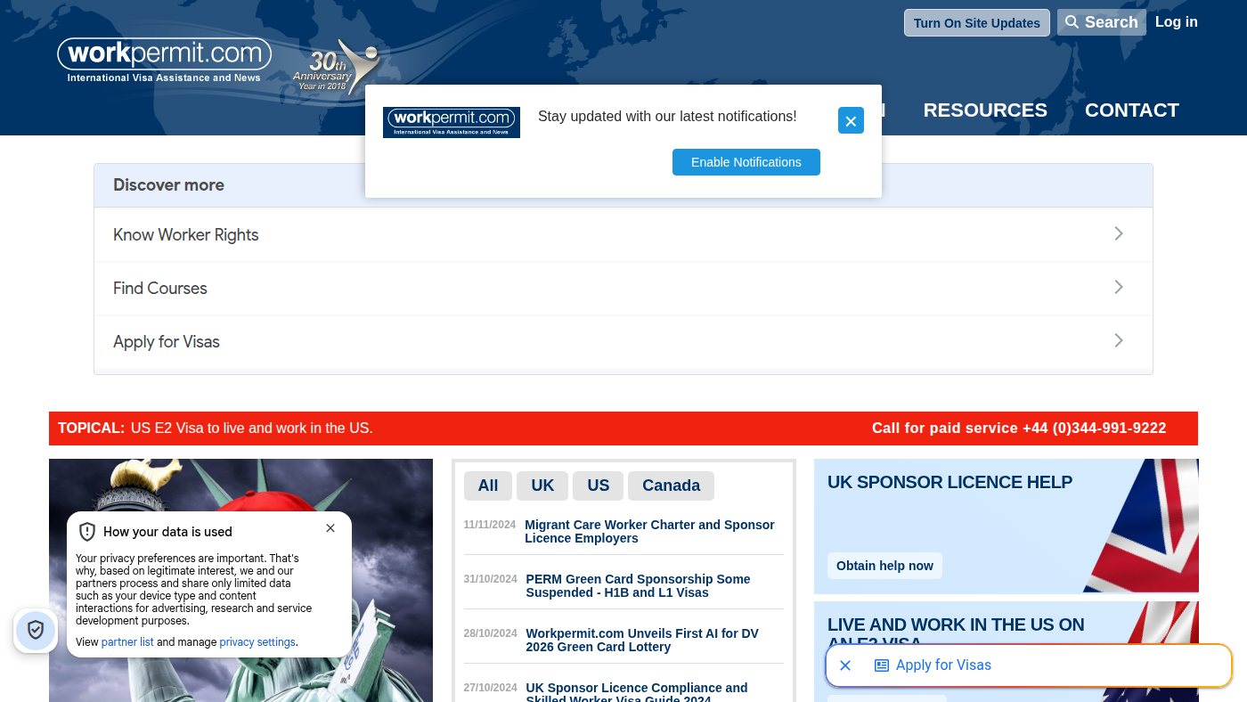 The home page of workpermit.com