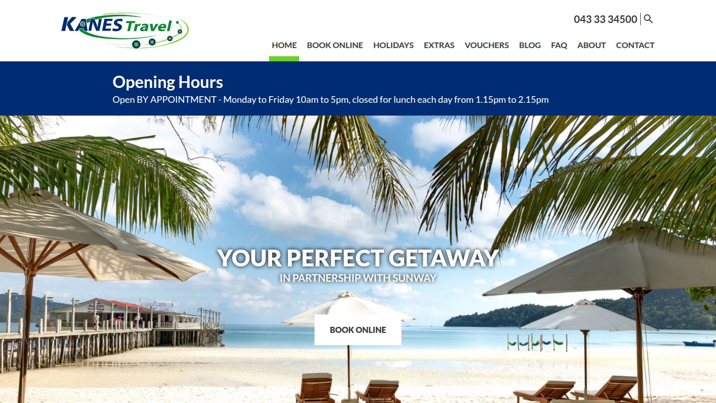 The home page of kanestravel.ie