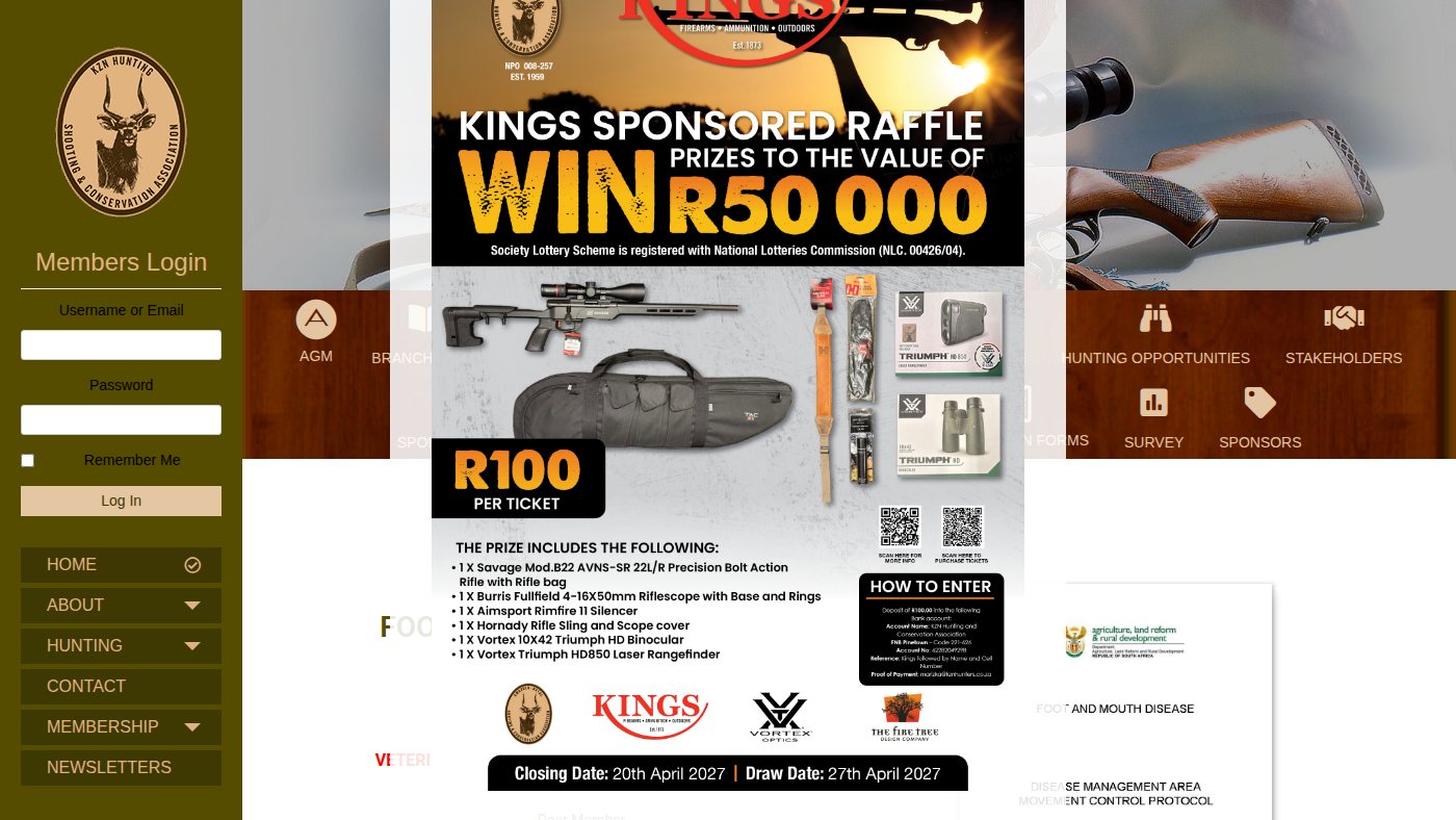 The home page of kznhunters.co.za