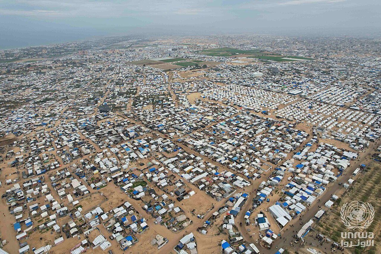 Aerial view of the Al-Mawasi area, where displaced Palestinians live in tents, Gaza Strip