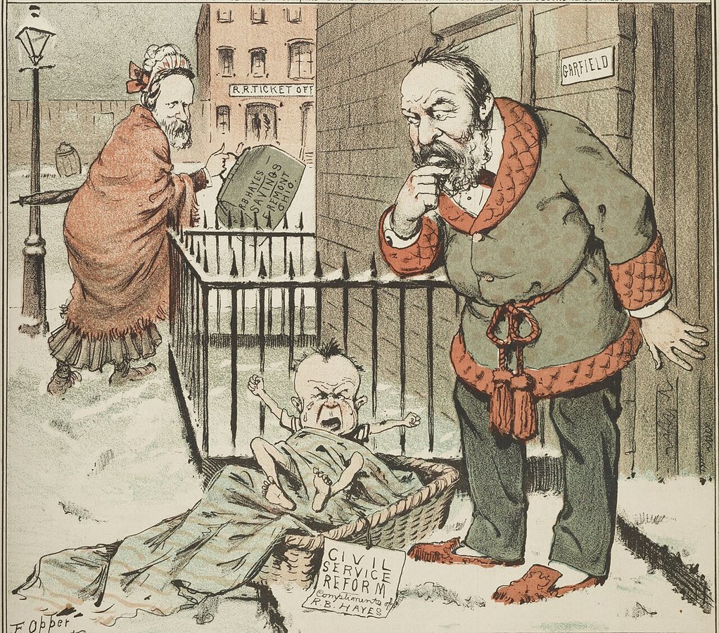 Karykatura z Packa z 1881 roku przedstawia Garfielda znajdującego pod drzwiami niemowlę z napisem „Reforma służby cywilnej, z uprzejmym ukłonem od R.B. Hayesa”, a w tle Hayes przebrany za kobietę