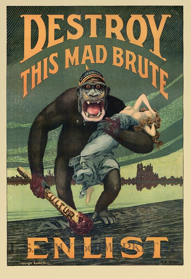 Amerykański plakat rekrutacyjny armii z 1917 roku przedstawiający Niemcy jako goryla deptającego po amerykańskich brzegach z kobietą