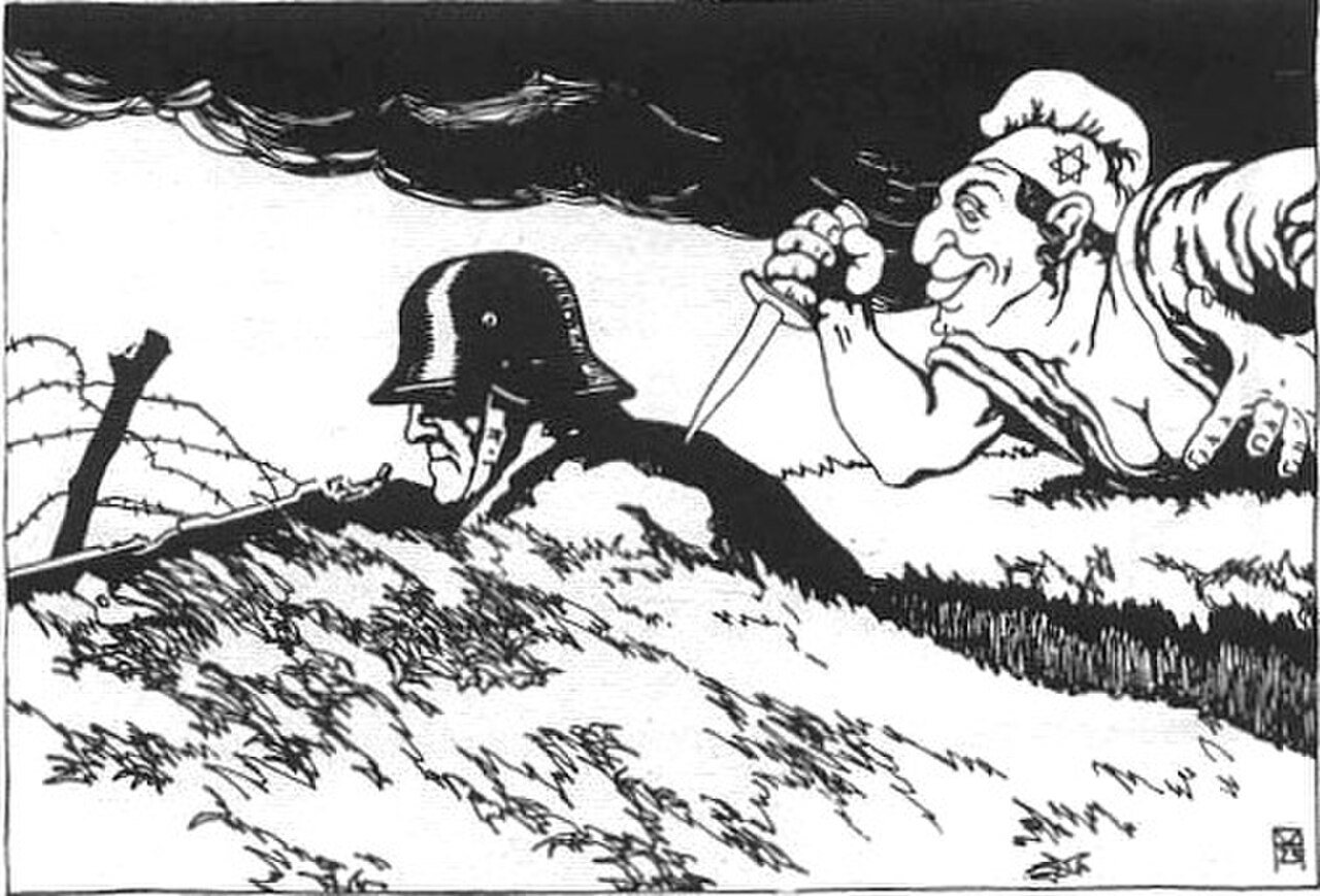 1919 Austrian postcard showing a Jew stabbing a German Army soldier in the back