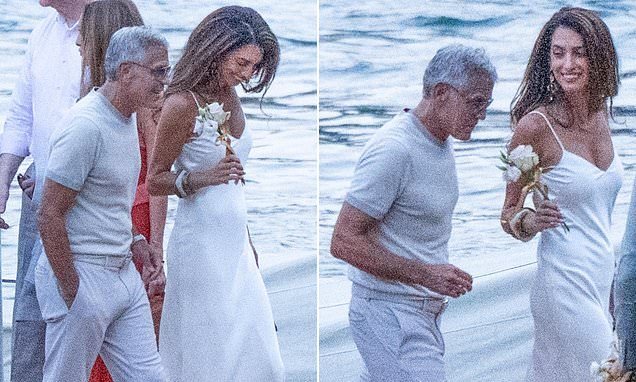 George Clooney's wife Amal wows in slinky white dress on romantic Lake Como date night... after evacuating their home in France