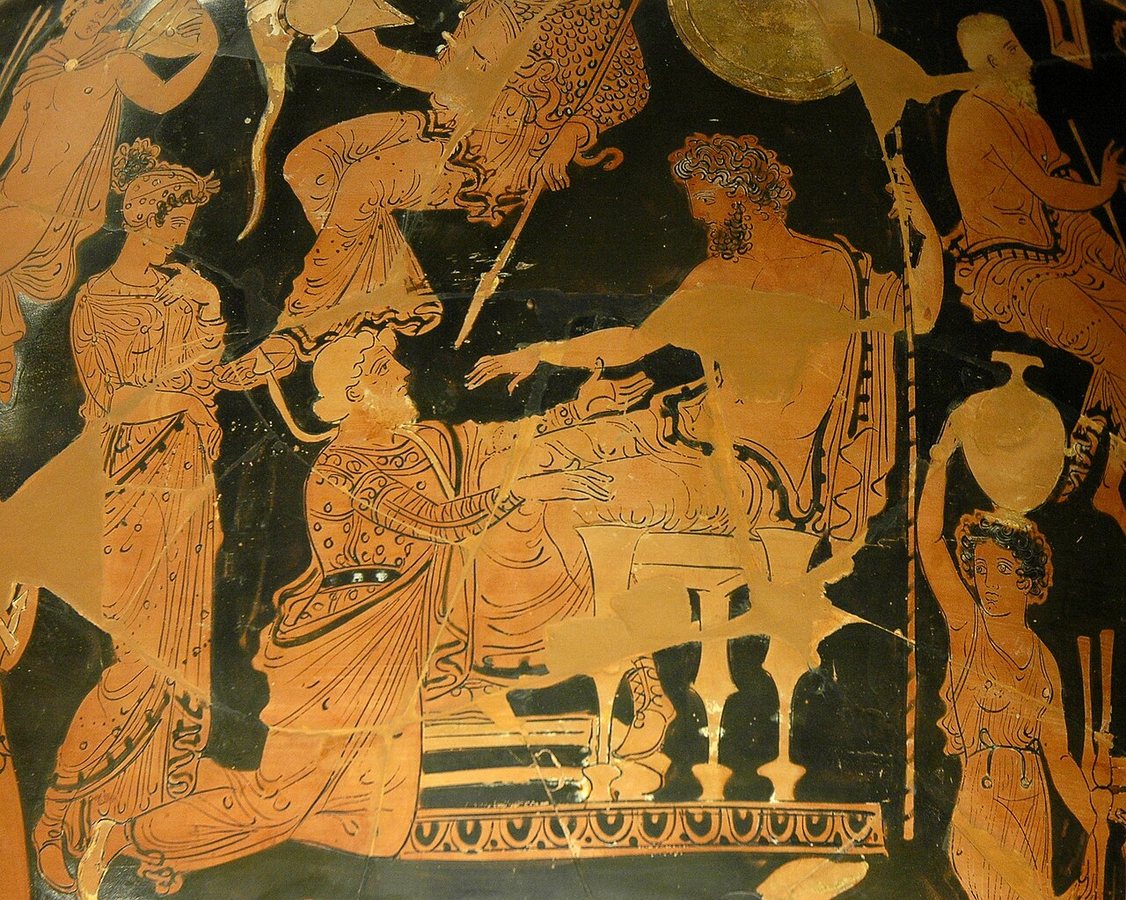 Darstellung des Chryses aus dem 4. Jahrhundert v. Chr., der versucht, seine Tochter Chryseis von Agamemnon auszulösen.