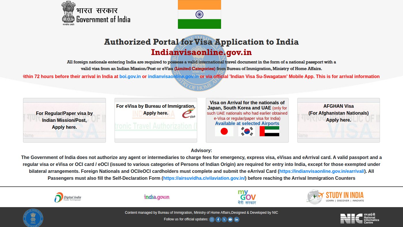 The home page of indianvisaonline.gov.in