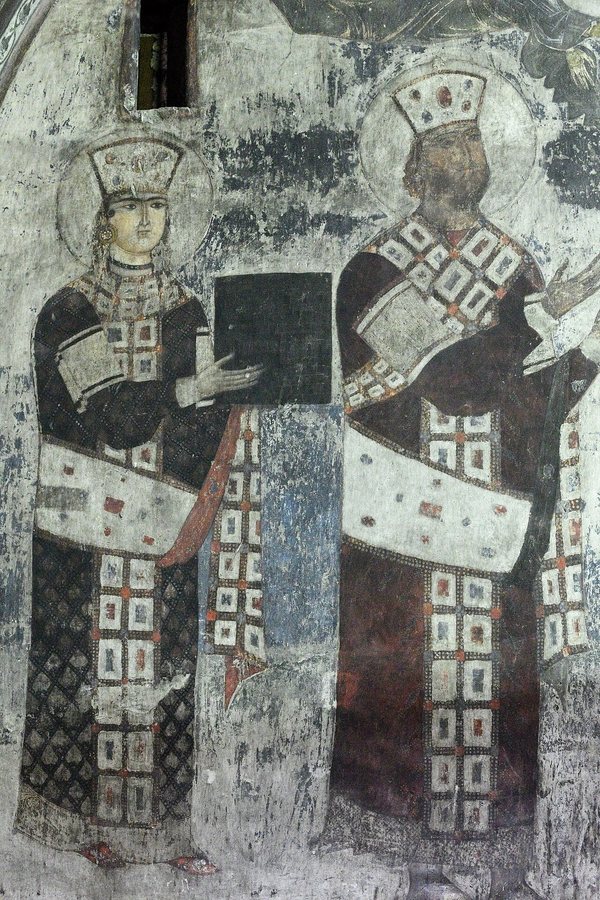 Tamar (gauche) et Georges III (droite), un portrait ancien de l'église de la Dormition de Vardzia, vers 1184–1186