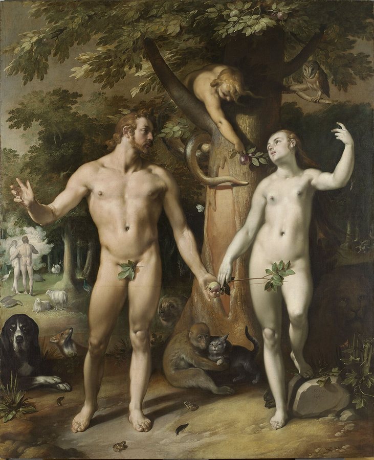 La caduta dell'uomo di Cornelis van Haarlem (1592), che mostra il serpente nel Giardino dell'Eden come una donna