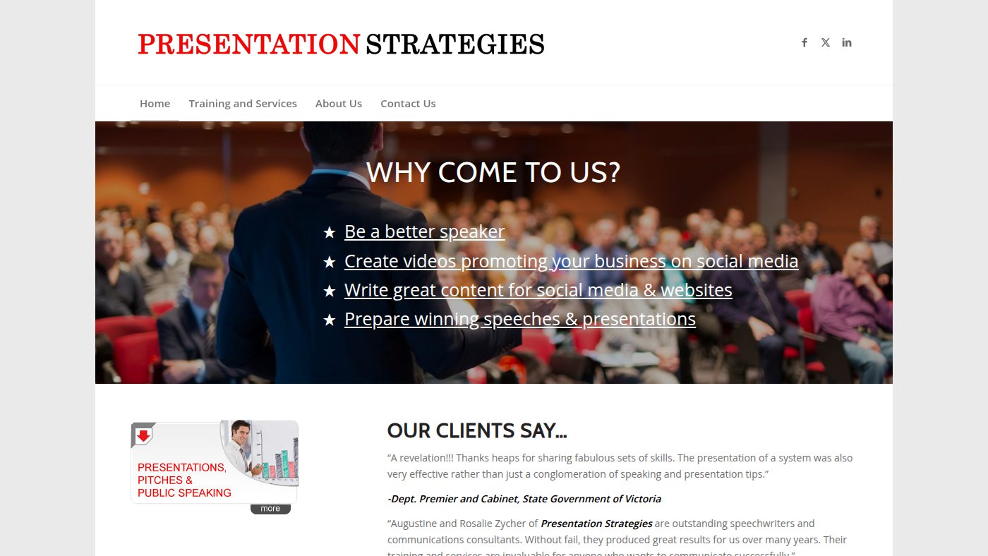 The home page of presentationstrategies.com.au