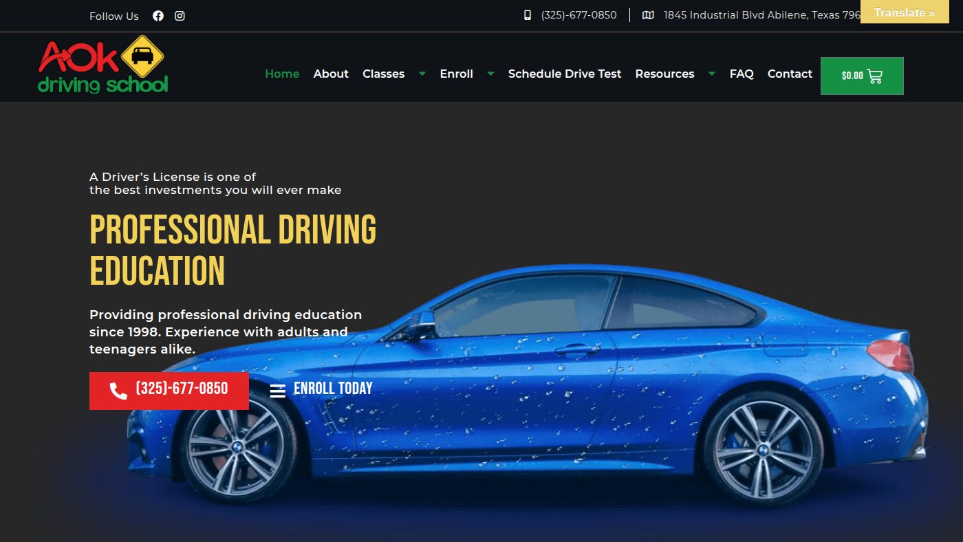 The home page of aokdrivingschool.com