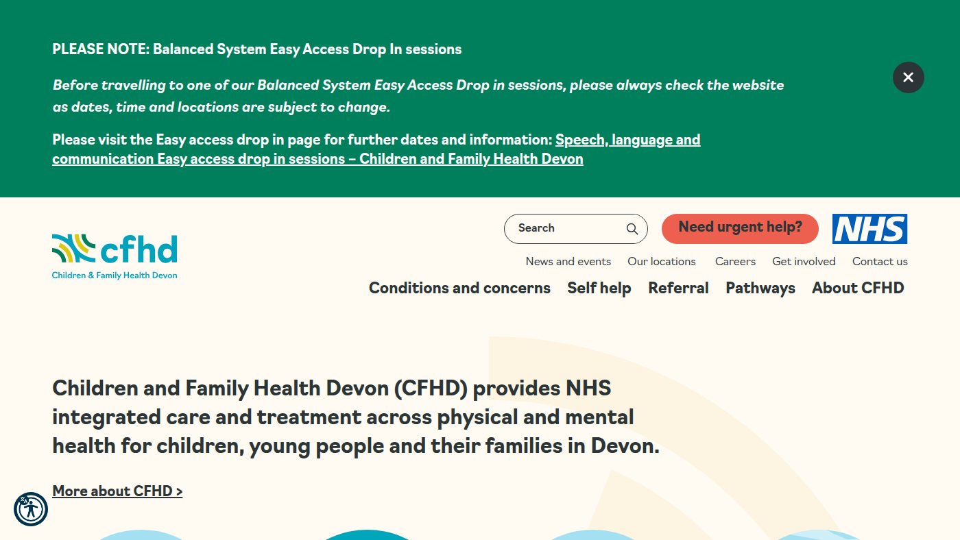 The home page of childrenandfamilyhealthdevon.nhs.uk