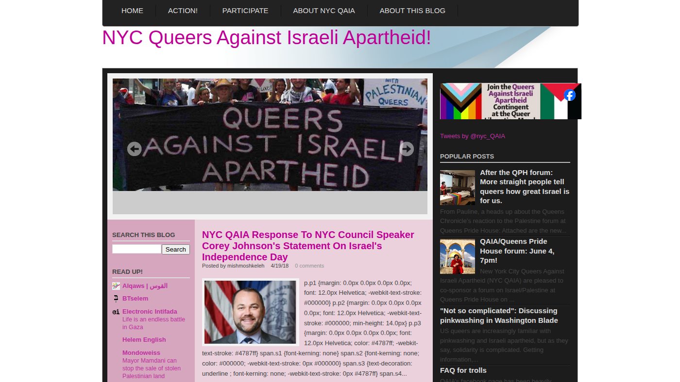 The home page of queersagainstisraeliapartheid.blogspot.com