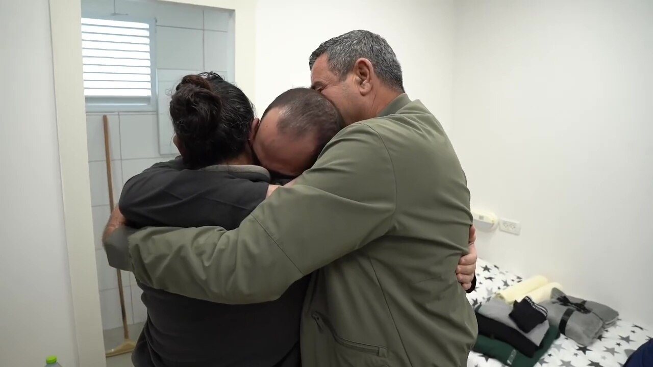 Yarden Bibas meets his father and sister for the first time after his release from Hamas captivity on 1 February 2025