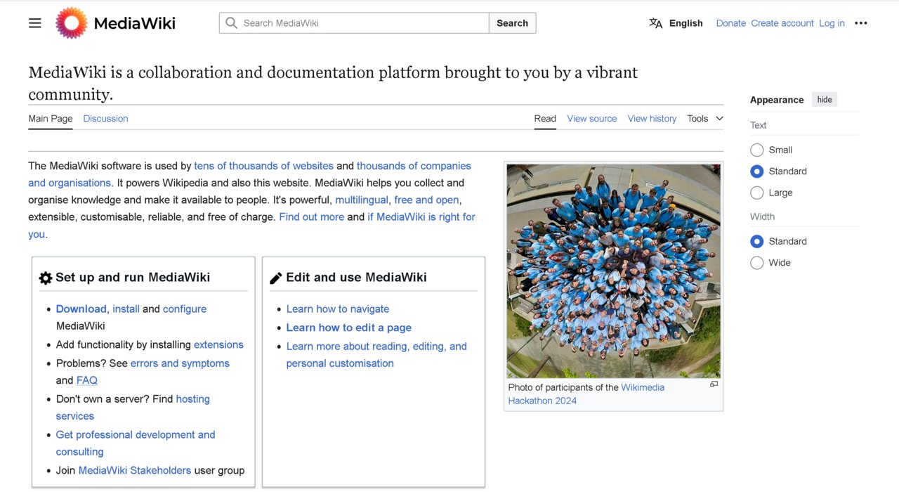 Screenshot of the MediaWiki homepage, a wiki software