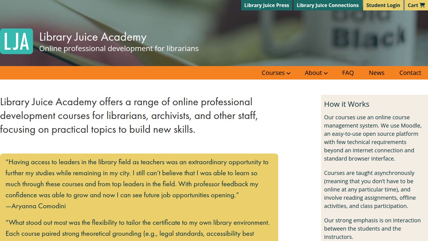 The home page of libraryjuiceacademy.com