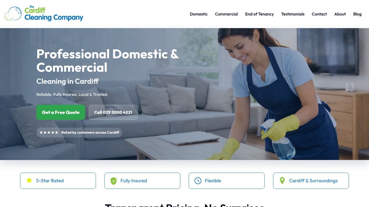 The home page of cardiffcleaningcompany.co.uk