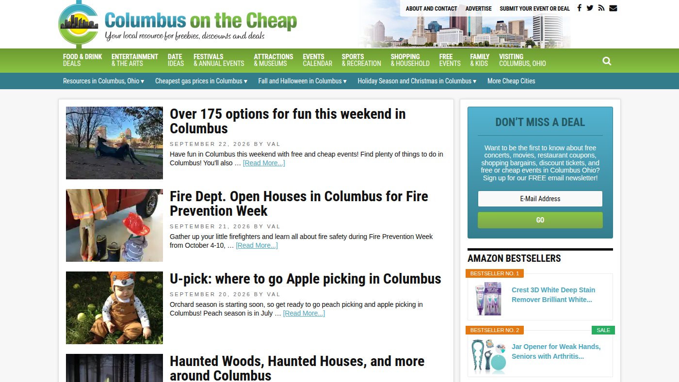 The home page of columbusonthecheap.com
