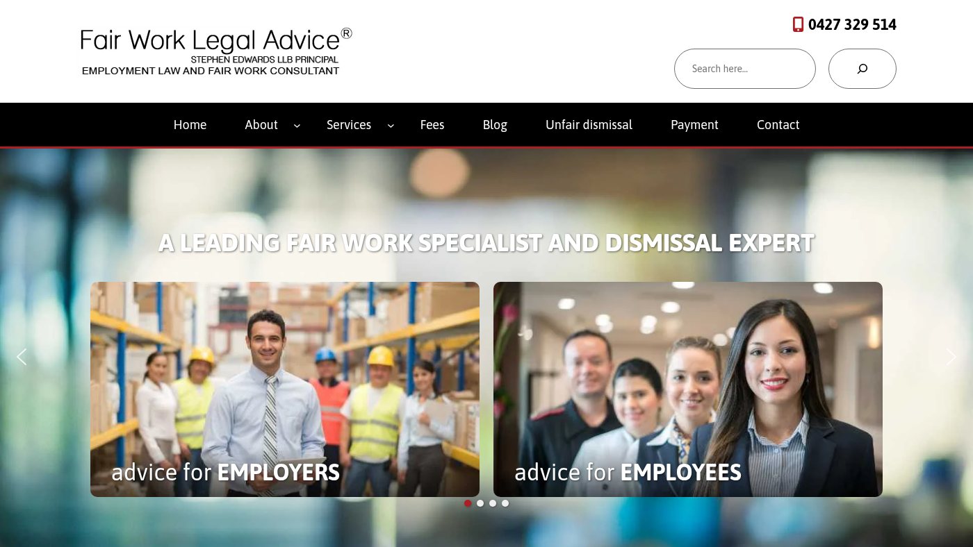 The home page of fairworklegaladvice.com.au