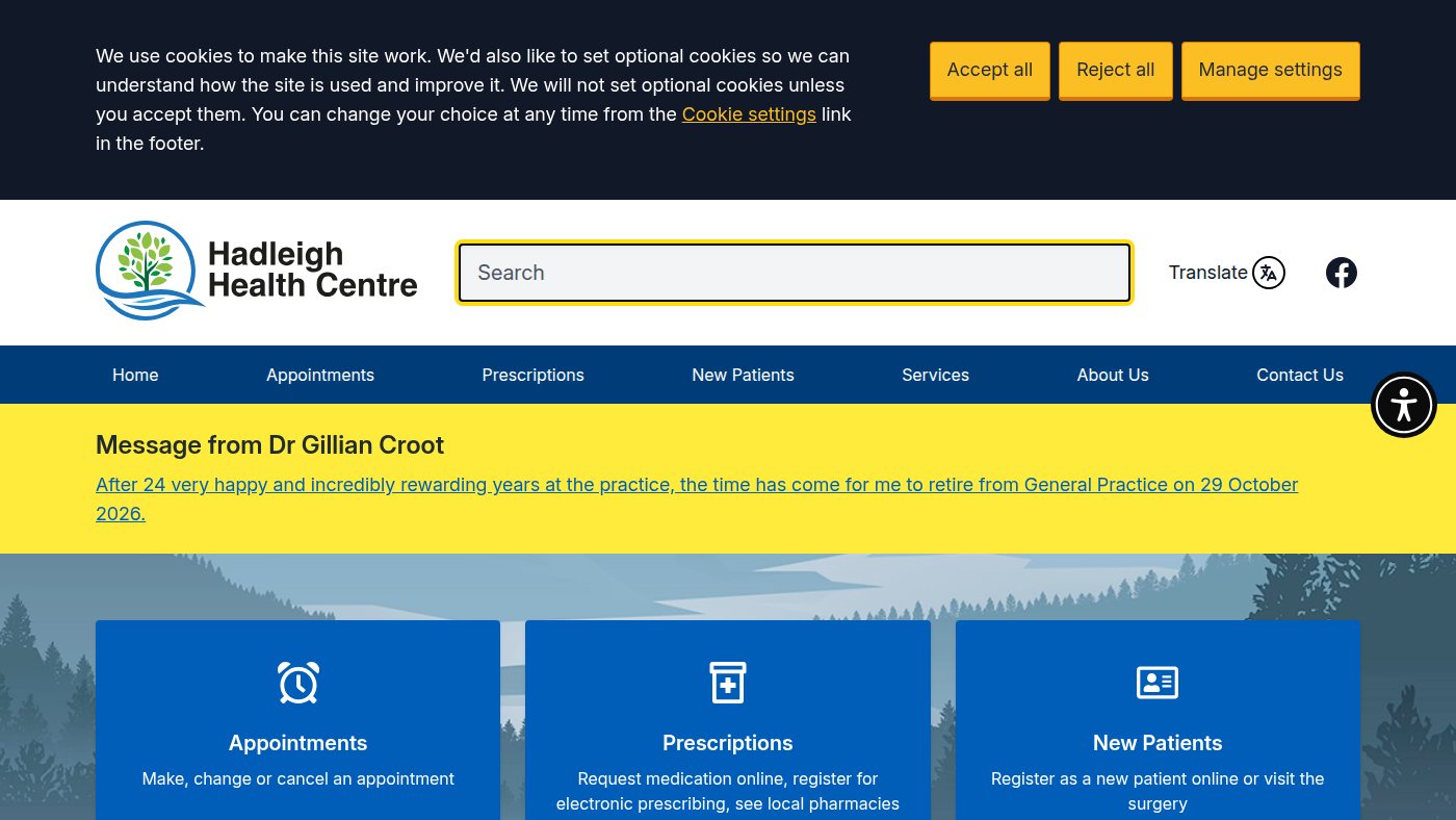 The home page of hadleighhealth.co.uk