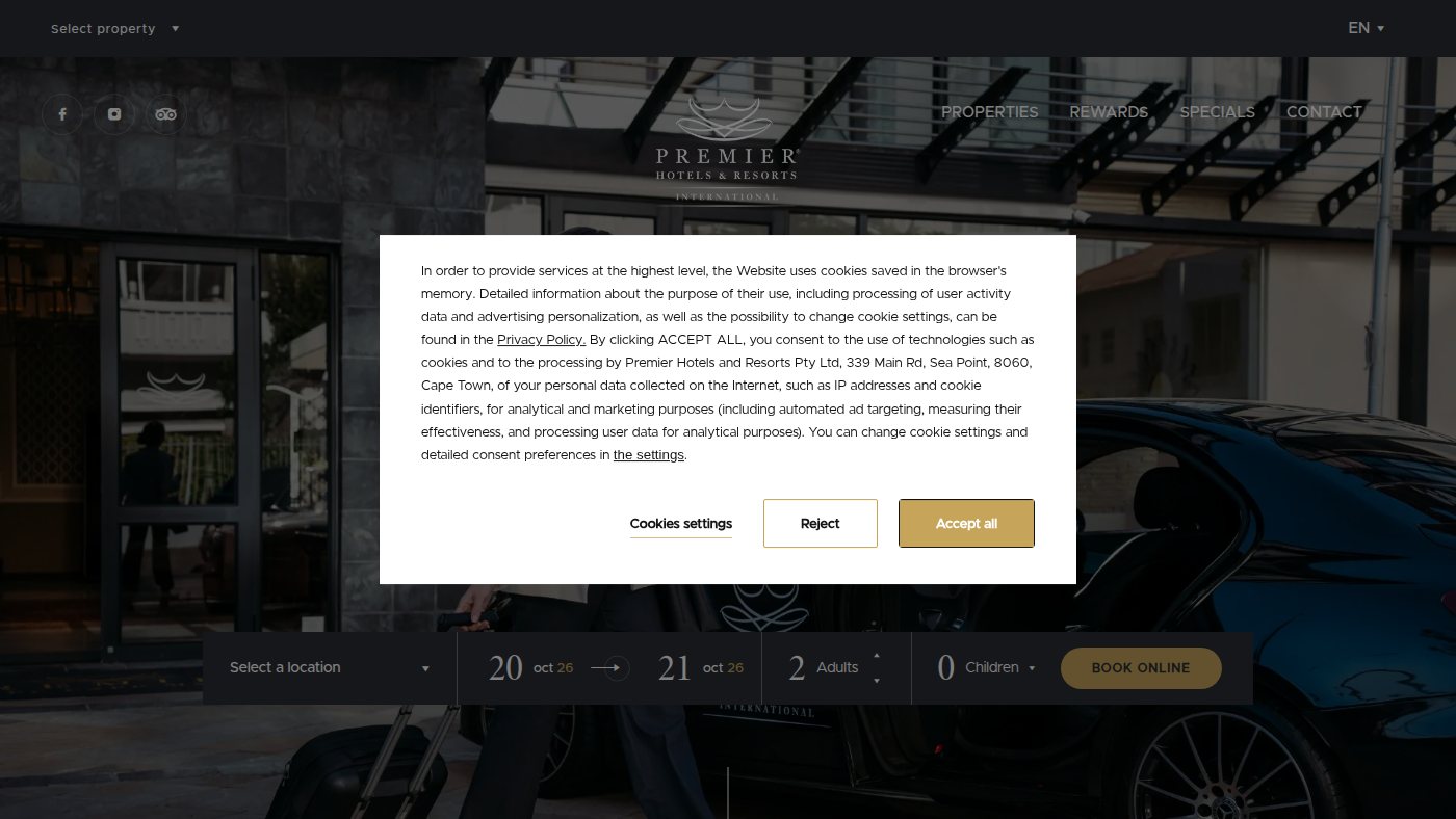 The home page of premierhotels.co.za