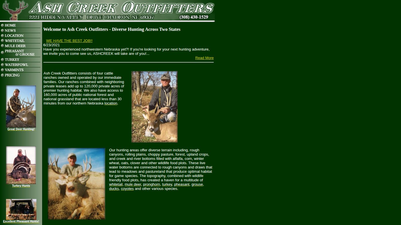 The home page of ashcreekoutfitters.com