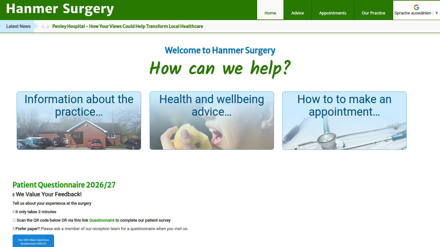 The home page of hanmersurgery.co.uk