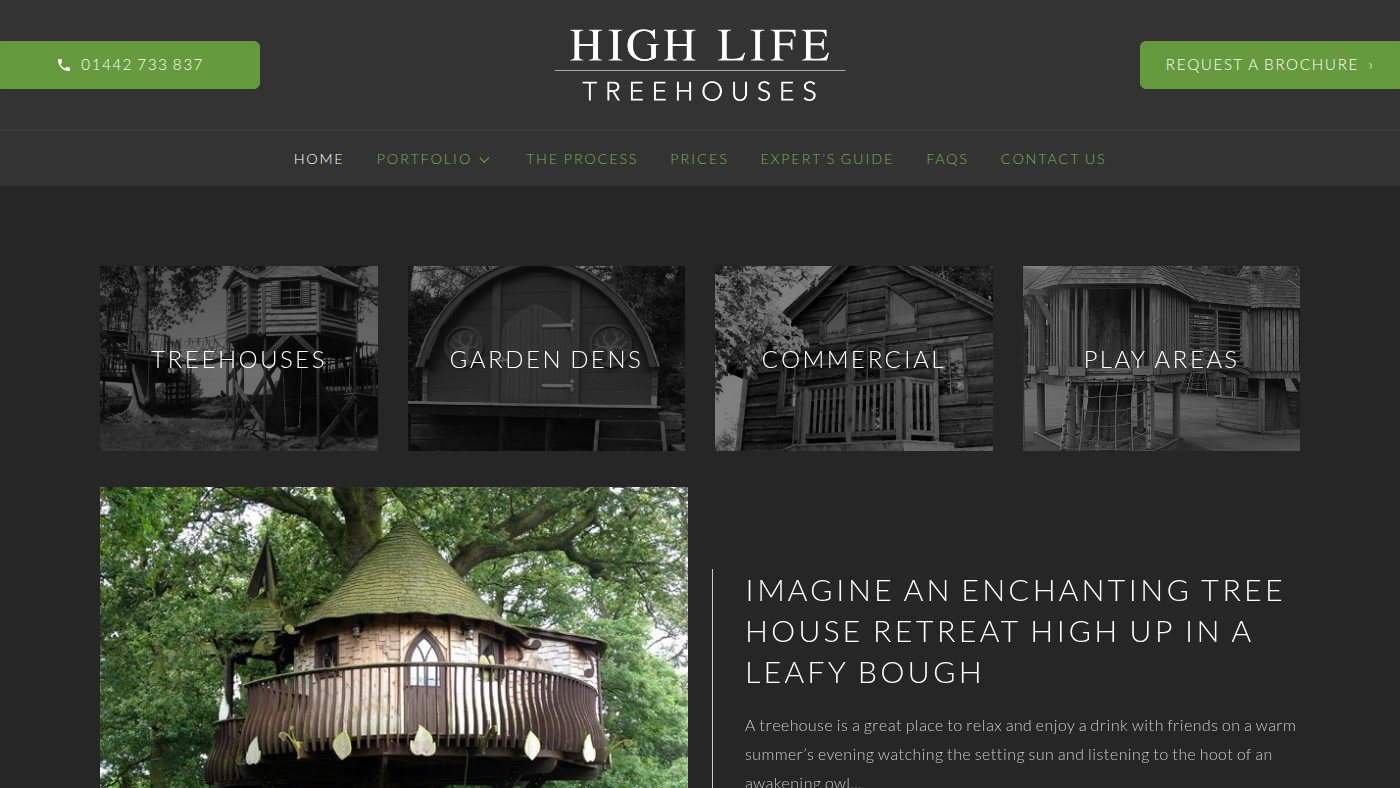 The home page of highlifetreehouses.co.uk