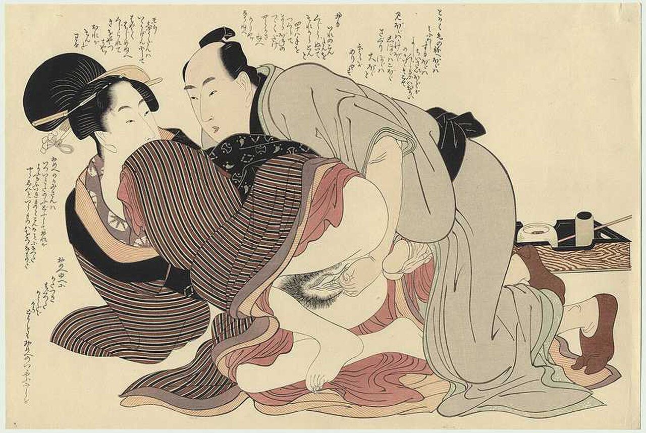 A woodblock print by Kitagawa Utamaro (1799), depicting a couple engaged in sexual intercourse