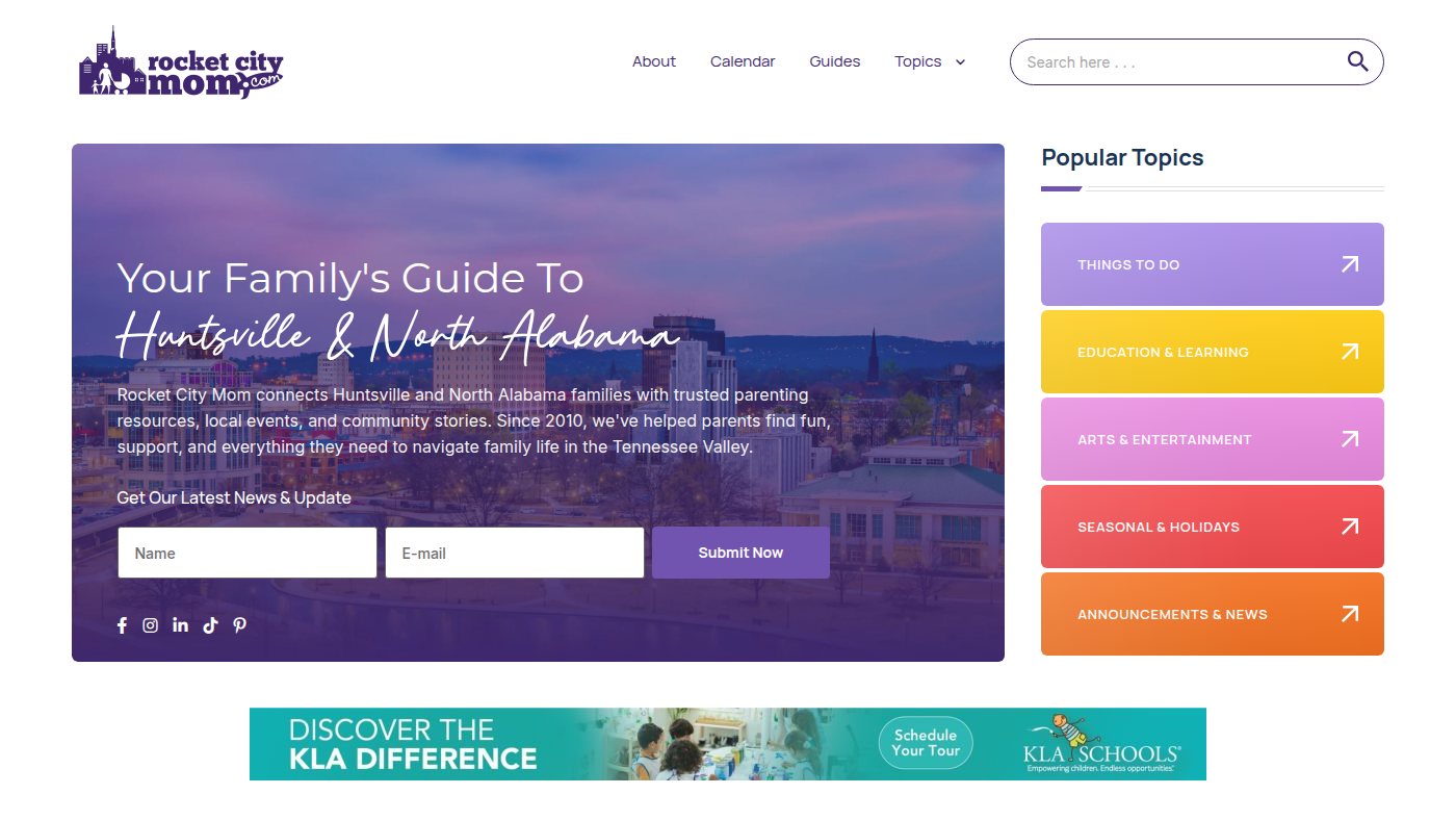 The home page of rocketcitymom.com