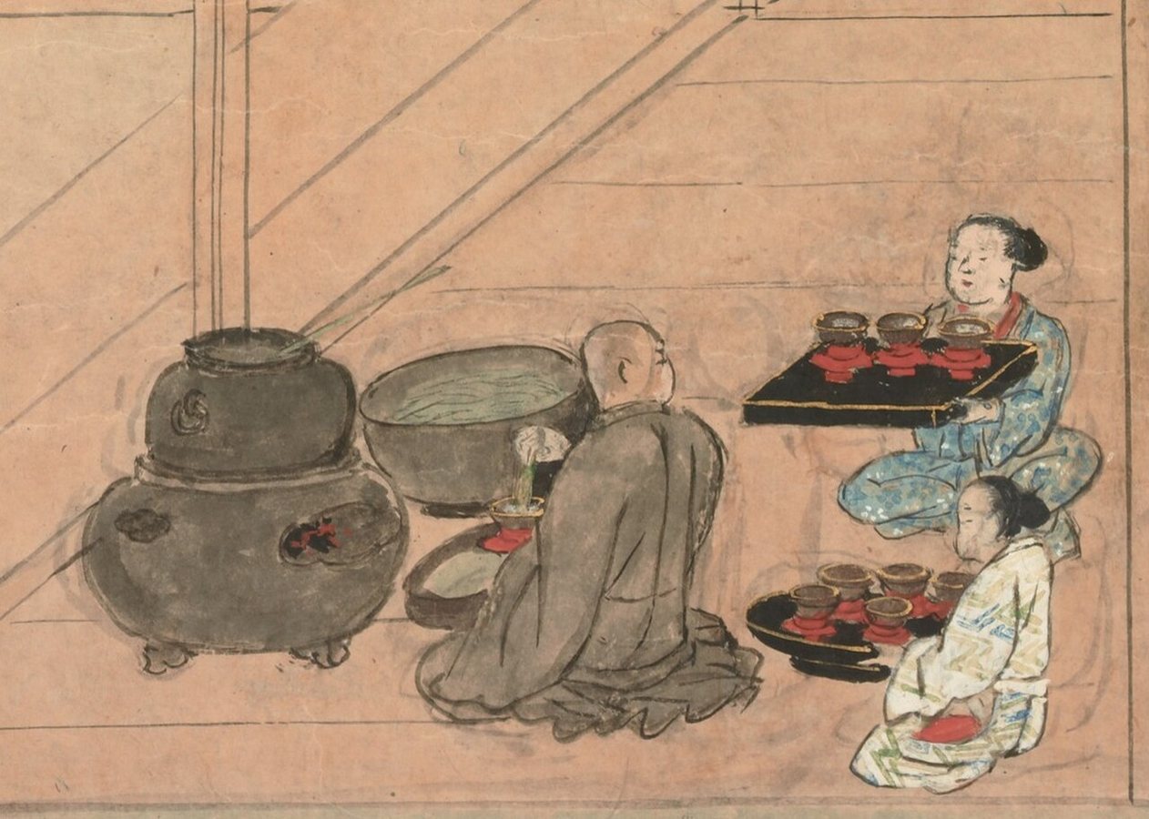 Scène de préparation du thé tirée du rouleau illustré de l'origine du temple Kiyomizu-dera, 1517