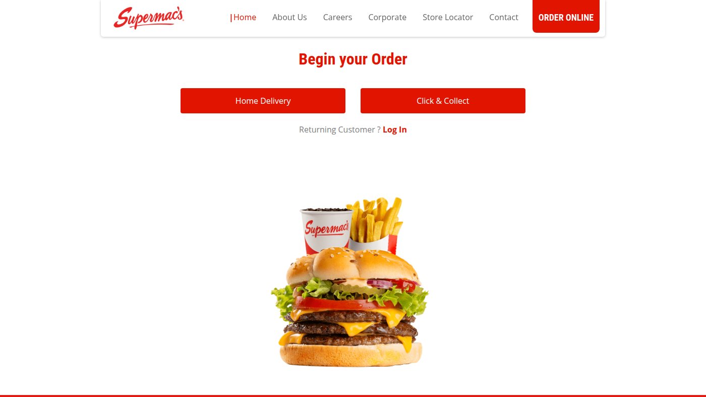 The home page of supermacs.ie